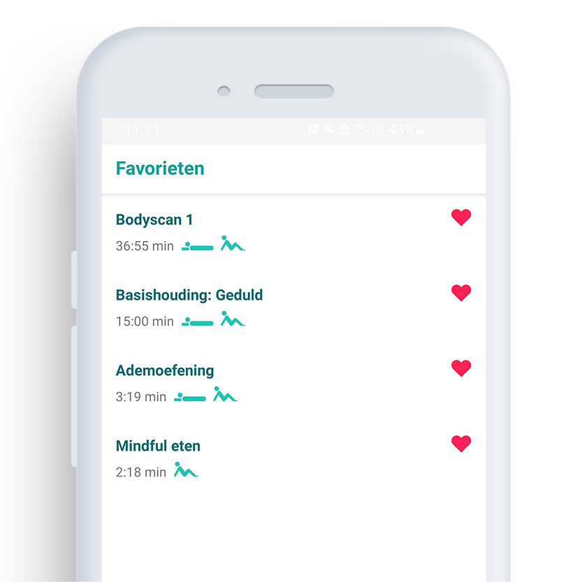 Afbeelding van een telefoon met daarop de Mindfulness coach app op het scherm 'favorieten''