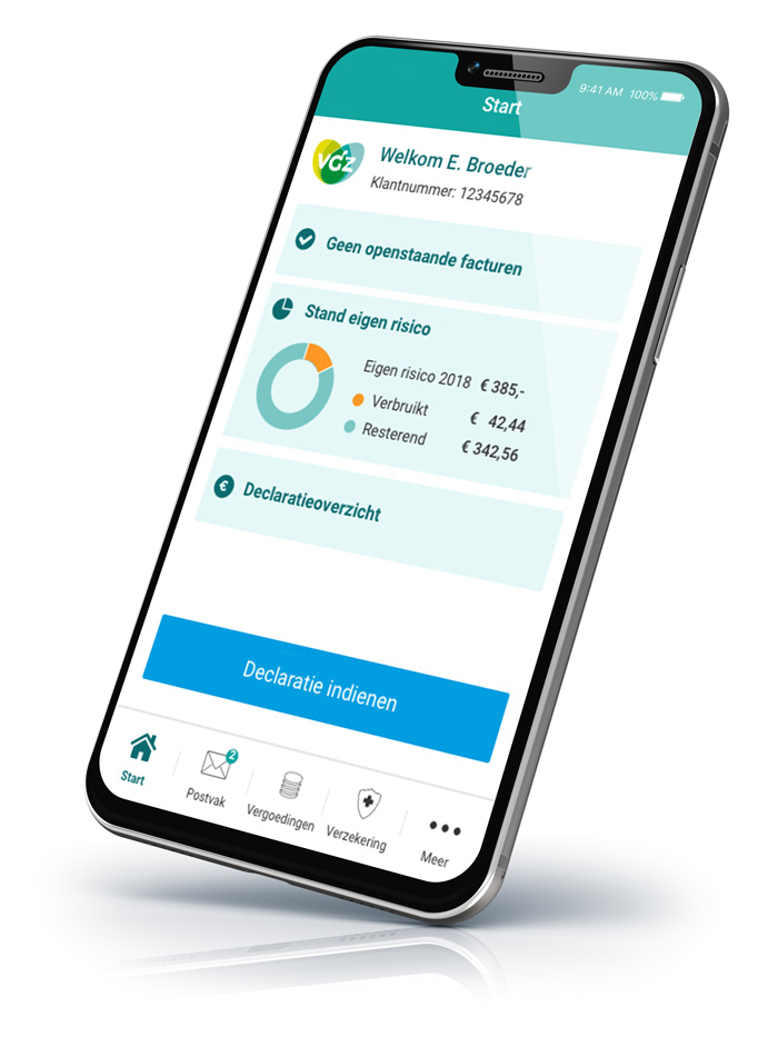 Afbeelding van het startscherm van de VGZ zorgapp